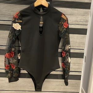 Black mesh floral Long-sleeve Bodysuit